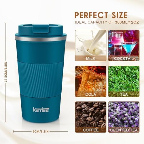 KETIEE Travel Coffee Mug 12oz: Insulated Coffee Cup with Leakproof Lid, Coffee Tumbler, Vacuum Stainless Steel Reusable Coffee Cups, Coffee Mug to Go for Hot/Iced Water (Blue)