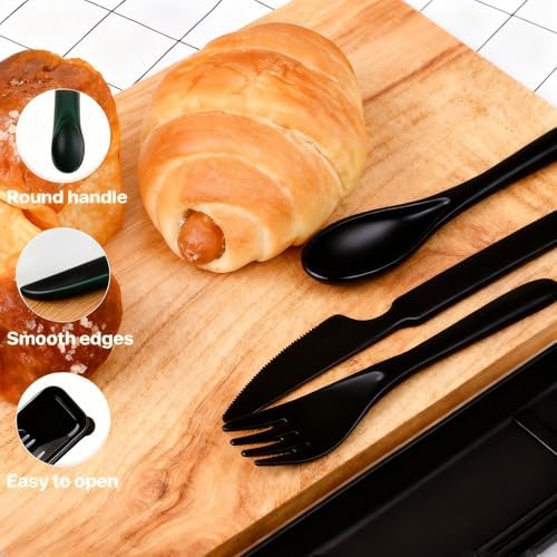 Travel Utensils with Case, 12 Sets Camping Utensil Sets, Wheat Straw Portable Knife Fork Spoons Tableware, Reusable Utensils for Lunch Box (Black)