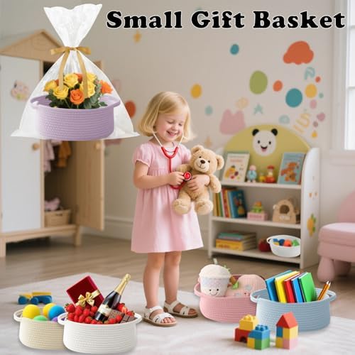 Purple Woven Rope Basket - Baby Gift Basket with Bag & Ribbon