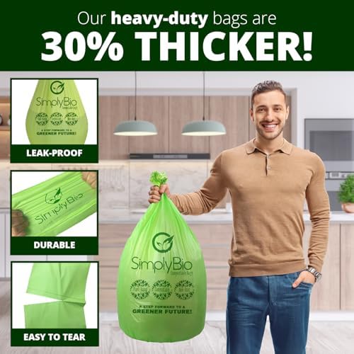 Simply Bio 13 Gallon Compostable Trash Bags Liners with Flat-Top, Thick 0.87 Mil, 49.21 Liter, 50 Bags, Tall Kitchen Food Scrap Waste Bag, ASTM D6400, US BPI and OK Compost Home Certified