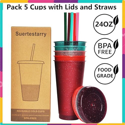 Suertestarry Tumbler with Straw and Lid,Water Bottle Iced Coffee Travel Mug Cup,Reusable Plastic Cups,Perfect for Parties,Birthdays,24oz-5 Pack (Rainbow, 5pack)