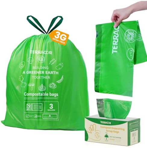 3 Gallon Compostable Trash Bags Drawstring, Heavy Duty Extra Thick 0.9 Mil, 45 Bags, Fits 2.6, 3, 4, 5 Gallon Countertop Bin Kitchen Food Scrap Waste Bag, ASTM D6400