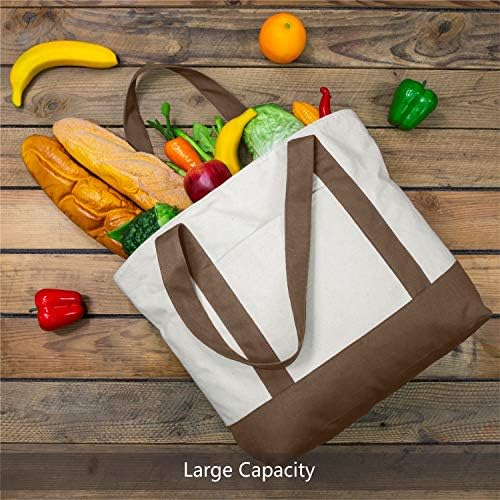 TOPDesign 30-Pack Canvas Tote Bags with an External Pocket, Reusable Grocery Shopping Bags, Top Zipper Closure, Daily Essentials (Brown/Natural)