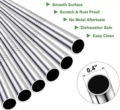 Vinaco 6 Pack 0.4" Wide Bore Reusable Stainless Steel Metal Smoothie Straws