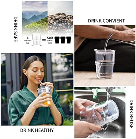 BLUEPOLAR 13oz/400ml Glass Water Tumbler with Straw and Lid Sealed Carry On Thick Wall Iced Coffee Cup Glass Cup for Water, Iced Tea Fruit Juice Etc (White-4pcs)