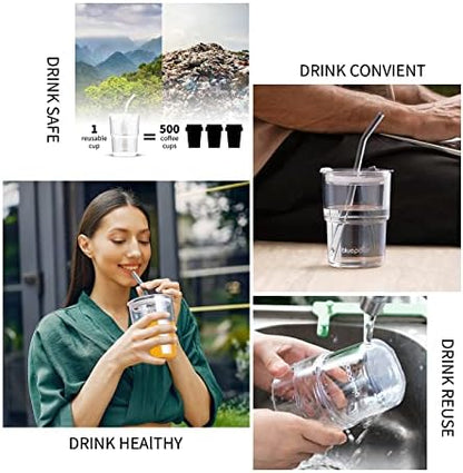 BLUEPOLAR 13oz/400ml Glass Water Tumbler with Straw and Lid Sealed Carry On Thick Wall Iced Coffee Cup Glass Cup for Water, Iced Tea Fruit Juice Etc (White-4pcs)