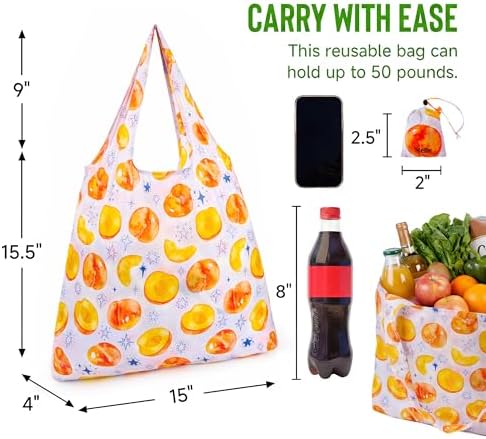 Stelle Lightweight Reusable Grocery Bag with Handles Ripstop Nylon Foldable Tote Shopping Bags for Travel and Groceries