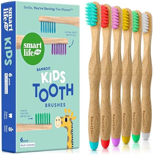 SmartLifeco Kids Bamboo Toothbrushes (6 Pack) - Extra Soft Bristles for Toddlers Teeth | Zero Waste Tooth Brushes for Children | Natural Wooden Child Size Handle | BPA Free, Eco-Friendly