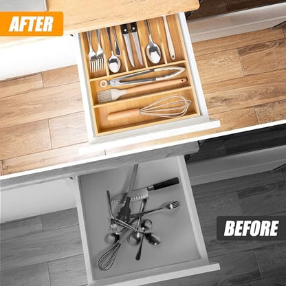 Bellsal Bamboo Silverware Drawer Organizer, Kitchen Utensil Drawer Organizers, 12"x15.7" Utensils Holder Cutlery Tray with Grooved Drawer Dividers for Kitchen Flatware Bedroom Office(7 Slot, Natural)