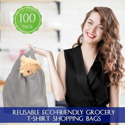 Windyun Large Grocery T-shirt Bags Bulk Reusable Non Woven Shopping Bag Foldable Gift Tote with Handle, 20.5x11x5.5 Inch