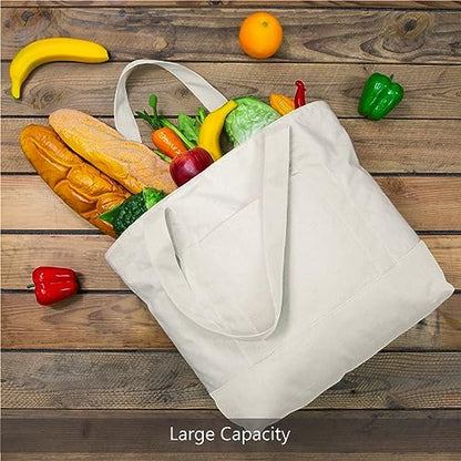 TOPDesign 6-Pack Canvas Tote Bags with an External Pocket, Reusable Grocery Shopping Bags, Top Zipper Closure, Daily Essentials (Natural)