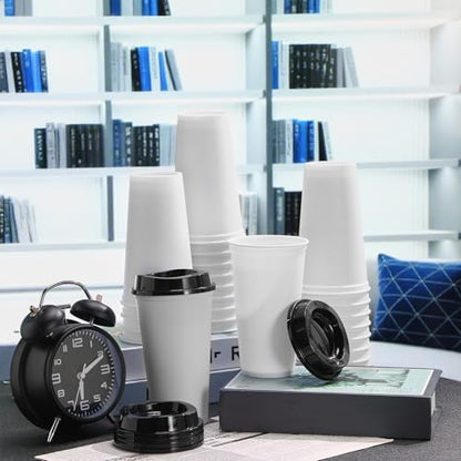 Honeydak 45 Pack 16 oz Reusable Coffee Cups with Lids Water Bottle Iced Coffee Travel Mug Reusable Portable Plastic Tea Tumblers Bulk for Hot and Cold Drinks Birthdays Party(Classic,White with Black)