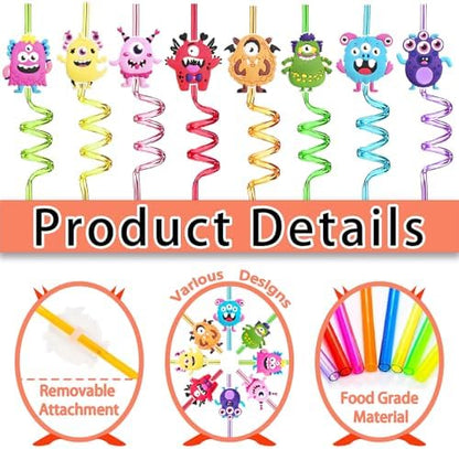 24 Reusable Monster Silly Crazy Straws for Kids School Birthday Party Favor