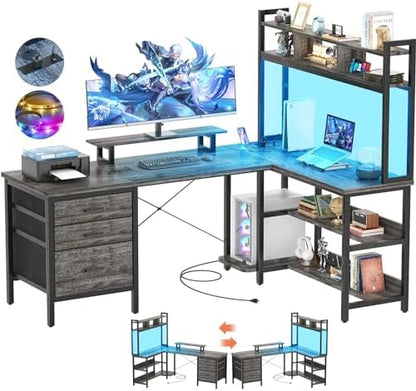 Aheaplus L Shaped Desk with Hutch, Gaming Desk with Led Lights, Reversible Computer Desk with Power Outlet, Corner Desk with File Drawer & Monitor Stand, Storage Shelves for Home Office, Black Oak
