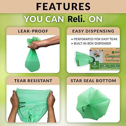 Reli. Compost Bags 3 Gallon (150 Count) | ASTM D6400 Certified
