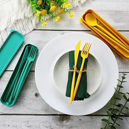 12 Sets Reusable Travel Utensils Set with Case (Knife, Fork, Spoon, Chopsticks), Wheat Straw Portable Plastic Camping Cutlery, Lunch Tableware for Kids Adults Daily Use, Gifts for Office Christmas