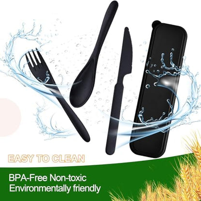 Travel Utensils with Case, 12 Sets Camping Utensil Sets, Wheat Straw Portable Knife Fork Spoons Tableware, Reusable Utensils for Lunch Box (Black)