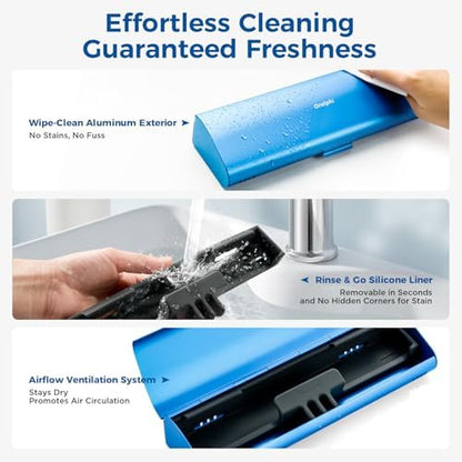 Aluminum Electric Toothbrush Travel Case, 2 in 1 Travel Toothbrush Holder for Oral B/Oral-B Pro 1000 1500 5000 and Most Electric Toothbrush for Traveling, Removable Silicone Liner-Blue