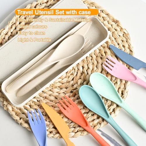 Travel Utensils Set with Case, 8 Sets Camping Utensils Reusable Wheat Straw Utensils Set With Case, Knife Spoon and Fork Set for Lunch Box