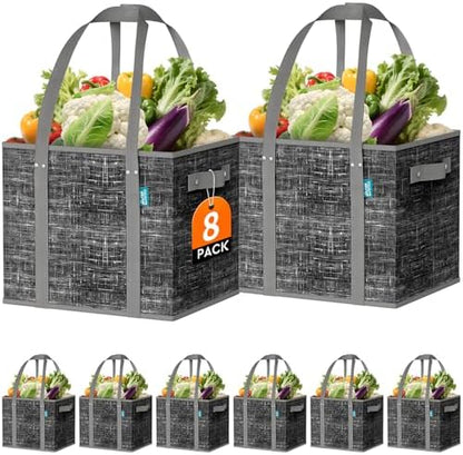 Fab totes Reusable Grocery Bags, Large Foldable Shopping Tote Bags with Reinforced Handles & Hard Bottom,8 Pack, Black