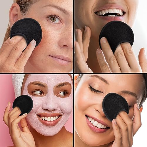 18 Pack Reusable Cotton Rounds for Makeup Removal with Bamboo Holder and Mesh Storage Bag (Black)
