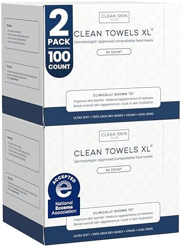 Clean Skin Club Clean Towels XL®, 100% USDA Biobased Face Towel, Disposable Face Towelette, Eczema Association Accepted, Makeup Remover Dry Wipes, Ultra Soft, 50 ct per pack, 2 Packs, 100 Ct Total