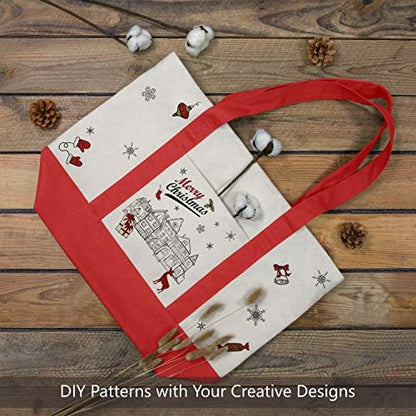 TOPDesign 6-Pack Canvas Tote Bags with an External Pocket, Reusable Grocery Shopping Bags, Top Zipper Closure, Daily Essentials (Red/Natural)