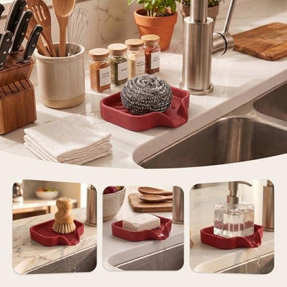 MicoYang Silicone Soap Dish with Drain Spout, Self-Draining Sink Organizer Tray for Bathroom and Kitchen, Sponges, Dispensers and Soap Holder, Non-Slip and Dishwasher Safe, Red (Compact, 4.9"×3.2")