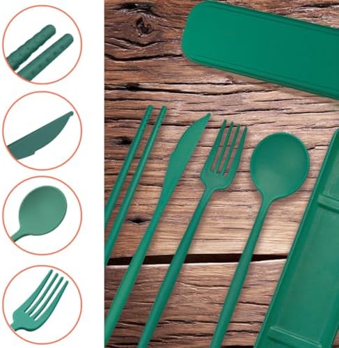 4 Sets Reusable Utensils Set with Case,Camping Cutlery Set Travel Silverware Set with Case Lunch Utensils Set for Work,Utensil Sets for Lunch Picnic Daily Use Outdoor (Darkgreen)
