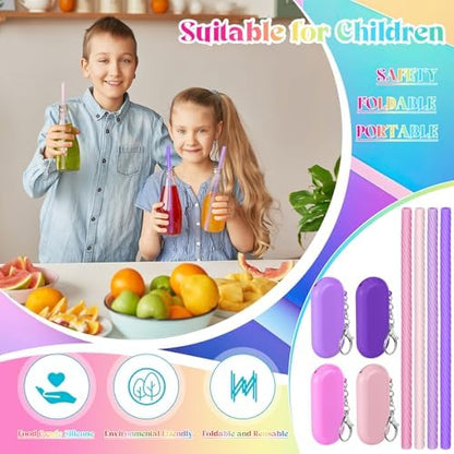 Meanplan 4 Sets Reusable Straws Travel Case Brush Silicone,Pink