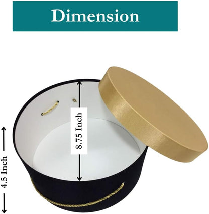 Sarah's Hat Boxes Classic Black/Gold Hat Box – 8.75" x 4.5" (Dia. x Ht.) Handmade in USA – Odorless Non-Toxic Adhesive, Cording Handle – Premium Storage for Hats & Accessories