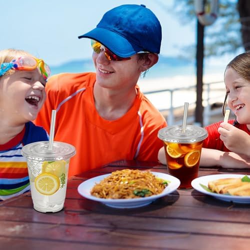 Charmount 50 Sets- 12 oz Clear Plastic Cups with Lids and Straws
