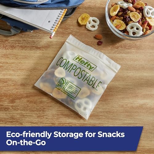 Hefty Compostable Sandwich Bags Press-to-Close | Expandable Bottom | Plant-Based Material | BPA Free | 50 Count, Pack of 12