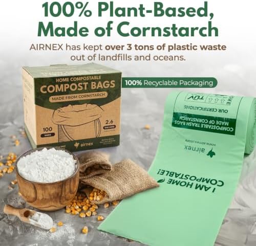 AIRNEX Small Compost Bags 2.6 Gal - 100 Compostable Kitchen Trash Bags for Countertop Bin - Cornstarch Leakproof & Tear-Resistant - OK Compost Home & Seedling Certified 0.18 mm Kitchen Garbage Bags