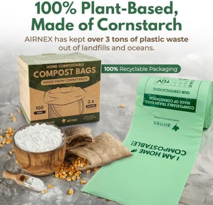 AIRNEX Small Compost Bags 2.6 Gal - 100 Compostable Kitchen Trash Bags for Countertop Bin - Cornstarch Leakproof & Tear-Resistant - OK Compost Home & Seedling Certified 0.18 mm Kitchen Garbage Bags