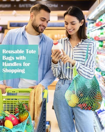 Eccliy 12Pcs Reusable Cotton Mesh Grocery Bag with Handle, Teal, 10 in