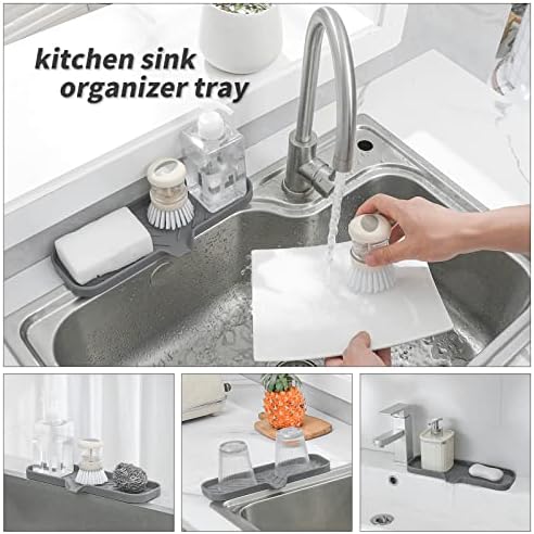 MicoYang Silicone Soap Dish with Drain Spout — Self-Draining Double Sink Organizer Tray for Kitchen & Bathroom, Dispensers, Sponges & Soap Holder, Non-Slip & Dishwasher Safe, Grey (Large, 12"×4")