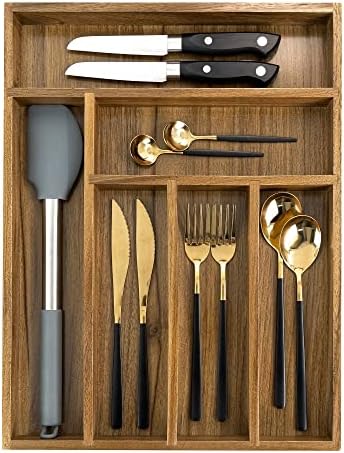 EcoFives Luxury Acacia Kitchen Drawer Organizer - Silverware Organizer - Utensil Holder and Cutlery Tray with Grooved Drawer Dividers for Flatware and Kitchen Utensils (6 Slot)
