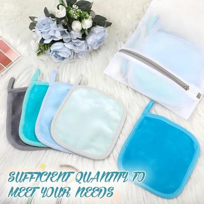 VitalCozy 10 Pack Makeup Remover Cloths, Makeup Remover Towels Reusable Face Cloth Eraser for Washing Face Microfiber Washcloth for Women Cleansing Just Water with Mesh Bag(Blue Colors)