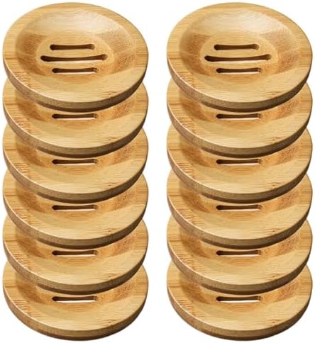 12 Pcs Round Bamboo Soap Dishes Self Draining Wooden Soap Holder Bar Soap Tray for Bathroom Kitchen Shower Sink