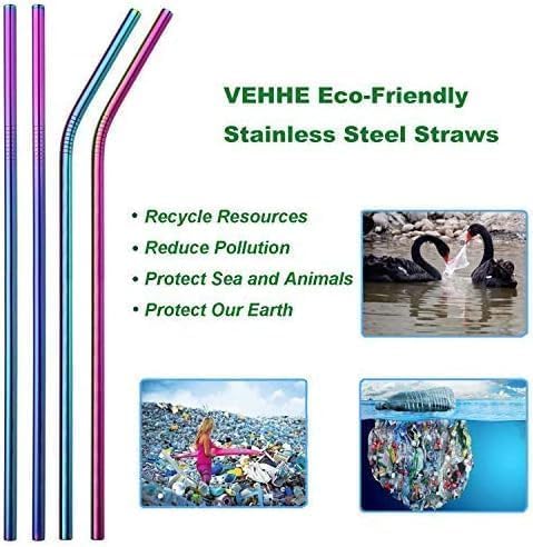 VEHHE Rainbow Metal Straws, Stainless Steel Reusable Straws Set with Brush