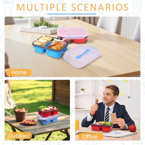 Big Collapsible Silicone Bento Lunch Box, 2 Pack with 3 Compartments Each,45.6oz Food Storage Containers with Spoons Forks, Portable for Work, Picnic, Travel, BPA Free