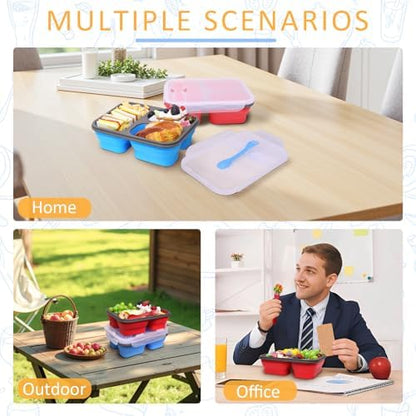 Big Collapsible Silicone Bento Lunch Box, 2 Pack with 3 Compartments Each,45.6oz Food Storage Containers with Spoons Forks, Portable for Work, Picnic, Travel, BPA Free