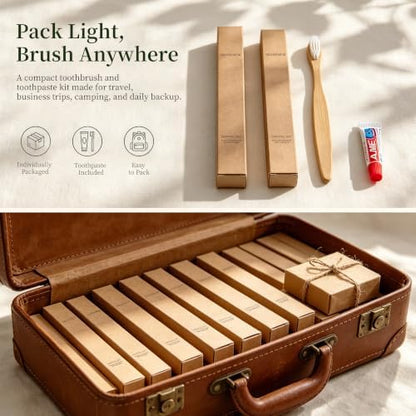 Bamboo Toothbrushes with Toothpaste 6g Individually Wrapped, 100 Pack Individually Wrapped Disposable Toothbrush Travel Kit, for Hotel, Airbnb Amenities, Guest Rooms, Camping