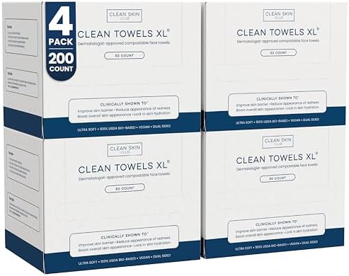 Clean Skin Club Clean Towels XL®, 100% USDA Biobased Face Towel, Disposable Face Towelette, Eczema Association Accepted, Makeup Remover Dry Wipes, Ultra Soft, 50 ct per pack, 4 Packs, 200 Ct Total