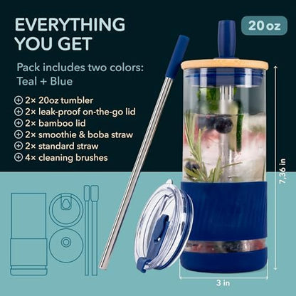 Pandaloo® Glass Cups With Lids and Straws -20 Fl Oz- Perfect Size Iced Coffee Cup - Smoothie Cup With Bamboo Lid and On the go Lid - Glass Tumbler (2 Count (Pack of 1), Intense Teal-Galactic Blue)