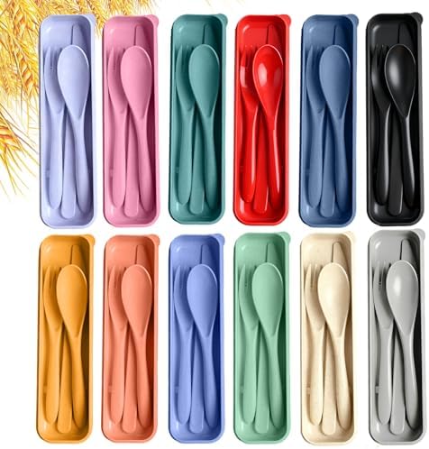 Travel Utensils with Case, 12 Sets Camping Utensil Sets, Wheat Straw Portable Knife Fork Spoons Tableware, Reusable Utensils for Lunch Box (Multi)
