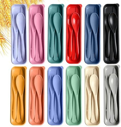 Travel Utensils with Case, 12 Sets Camping Utensil Sets, Wheat Straw Portable Knife Fork Spoons Tableware, Reusable Utensils for Lunch Box (Multi)
