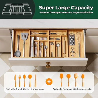 Large Silverware Organizer, 13 Slots Magnetic Connected Expandable Bamboo Utensil Drawer Organizer From 21 to 37.4 Inches, Adjustable Flatware and Cutlery Holder, Utensil Tray for Kitchen Natural