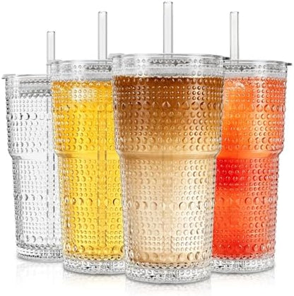 SoulTimes 20oz Hobnail Glass Tumbler with Bamboo Lids and Straws - Iced Coffee Glass Cups for Smoothie, Matcha, Juice, Water etc. Leakproof and Reusable Glassware Drinking for Travel To Go [4 Pcs]